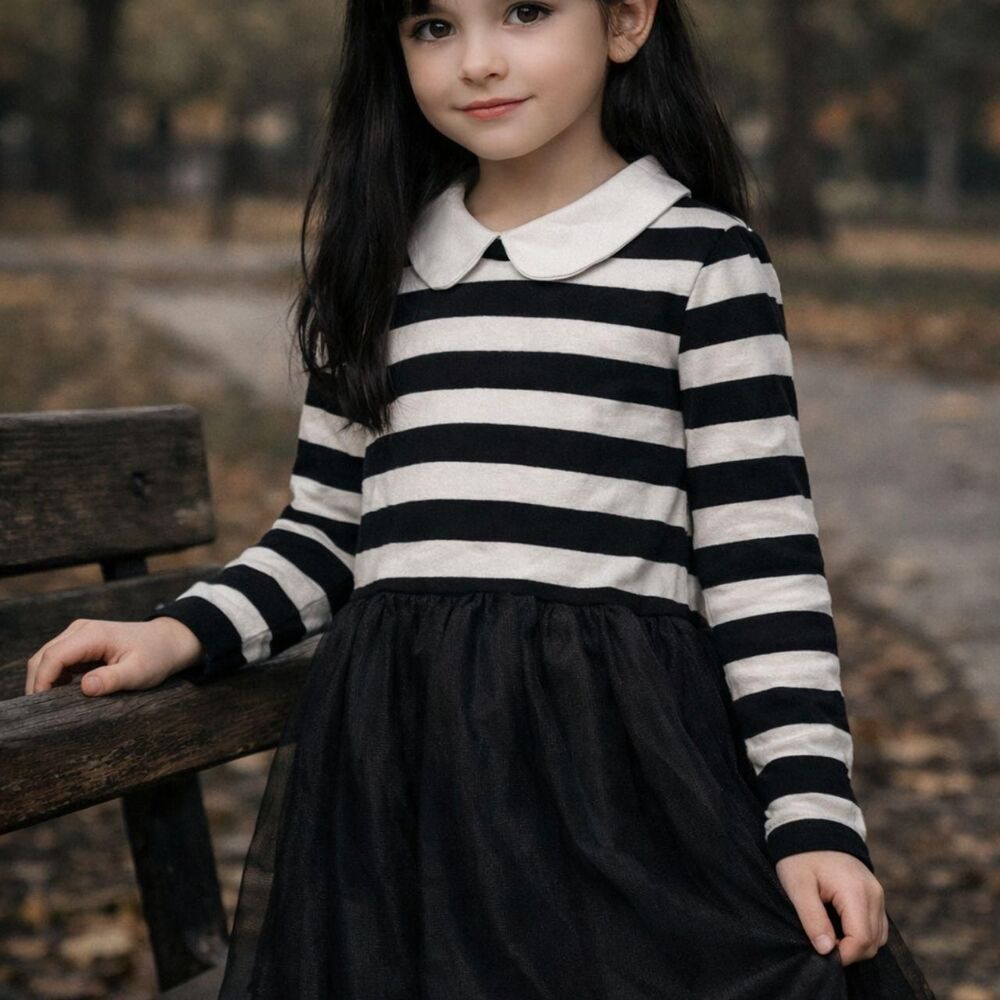 Cat & Jack Girls M 8 Black White Stripe Tulle Dress Halloween Costume